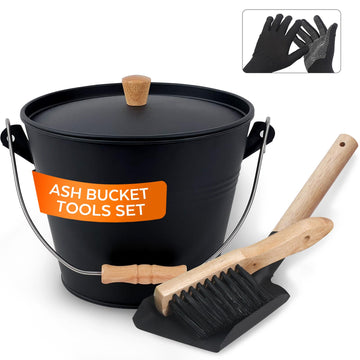 Small Ash Bucket with Lid and Shovel, Metal Fireplace Ash Bucket with Broom, Complete Fireplace Tools Set for Wood Stove and Fireplace, Black