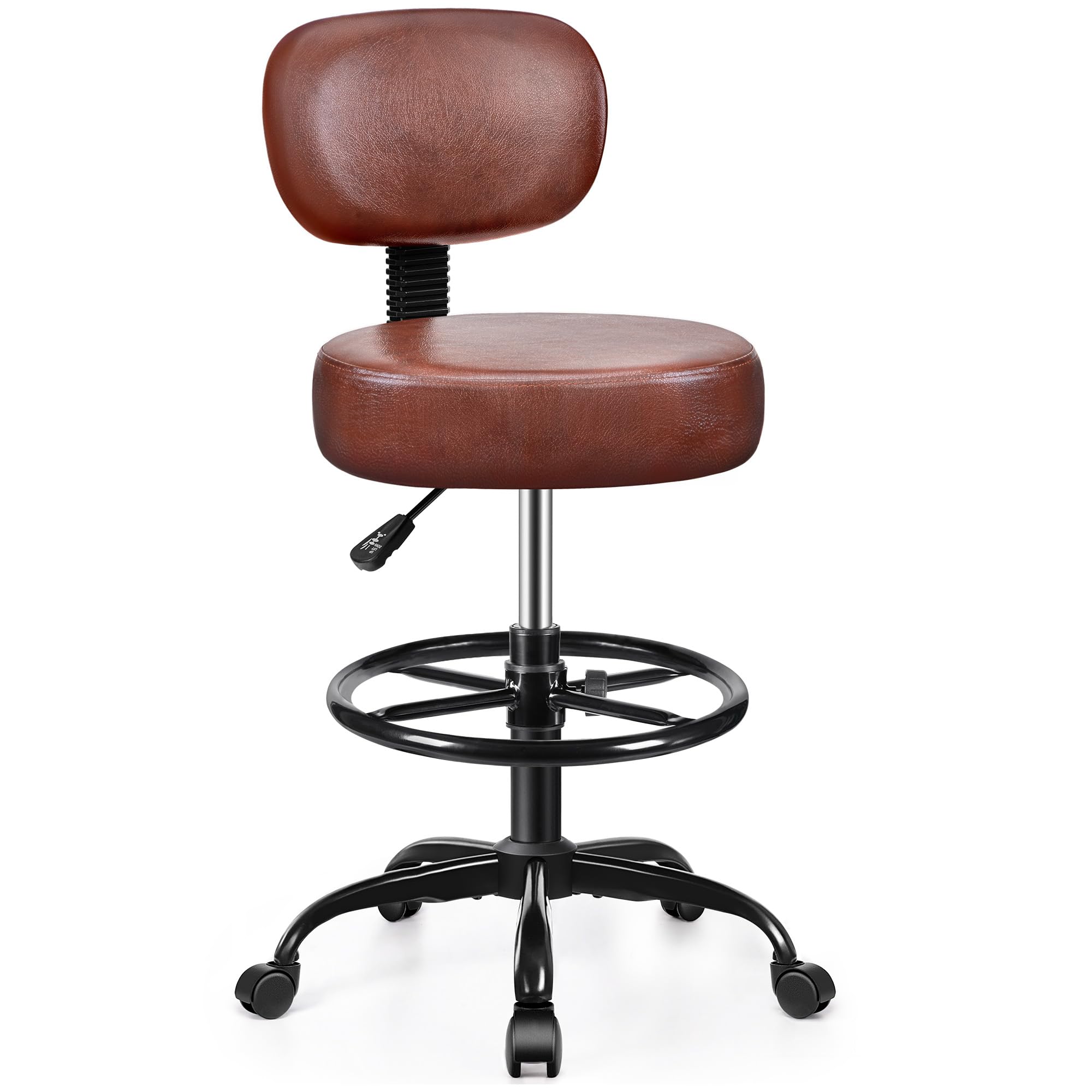 Brick Attic Drafting Chair with Backrest – Adjustable Foot Rest Rolling Stool with Wheels, Pu Leather Swivel Stool for Office Spa Studio Lab