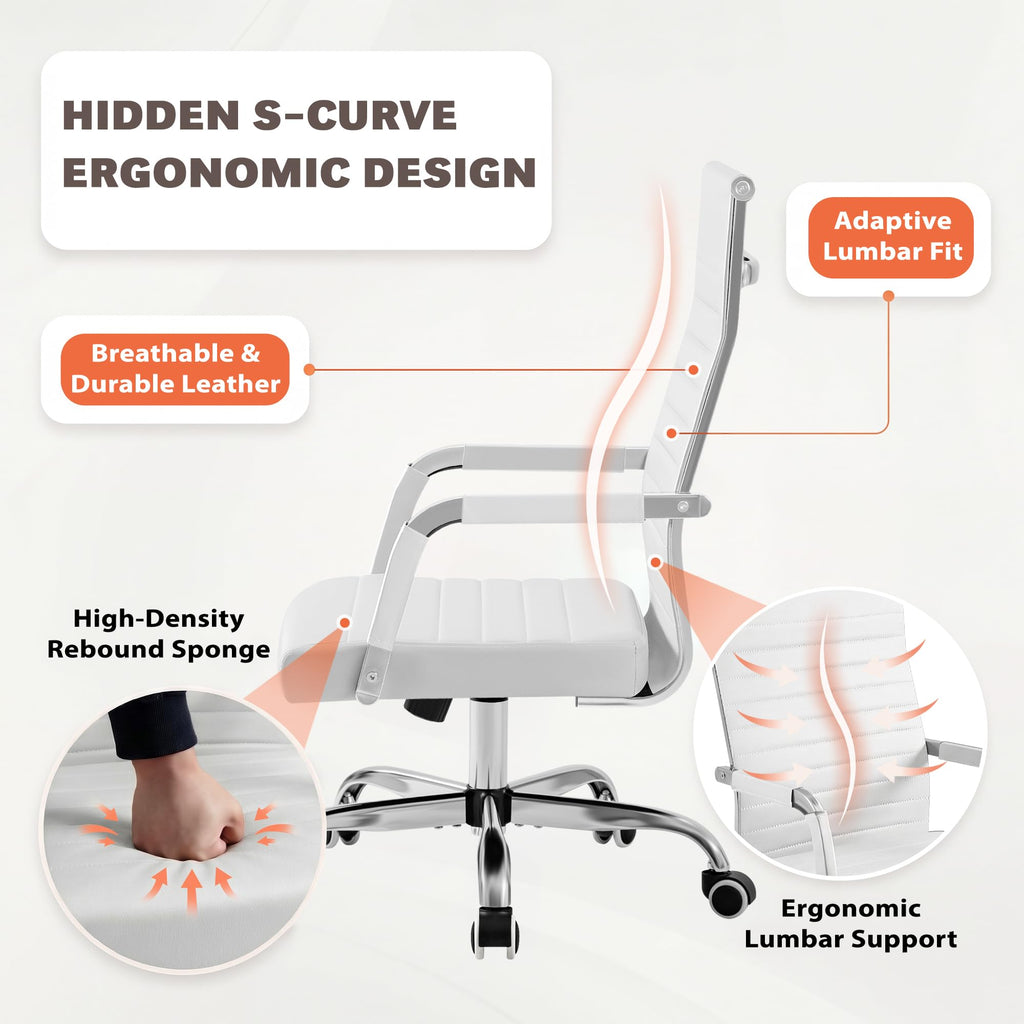 Furmax Ergonomic Office Desk Chair, Executive Ribbed Mid-back Pu Leather Conference Room Chair Adjustable Swivel Chair with Arms (2, White)