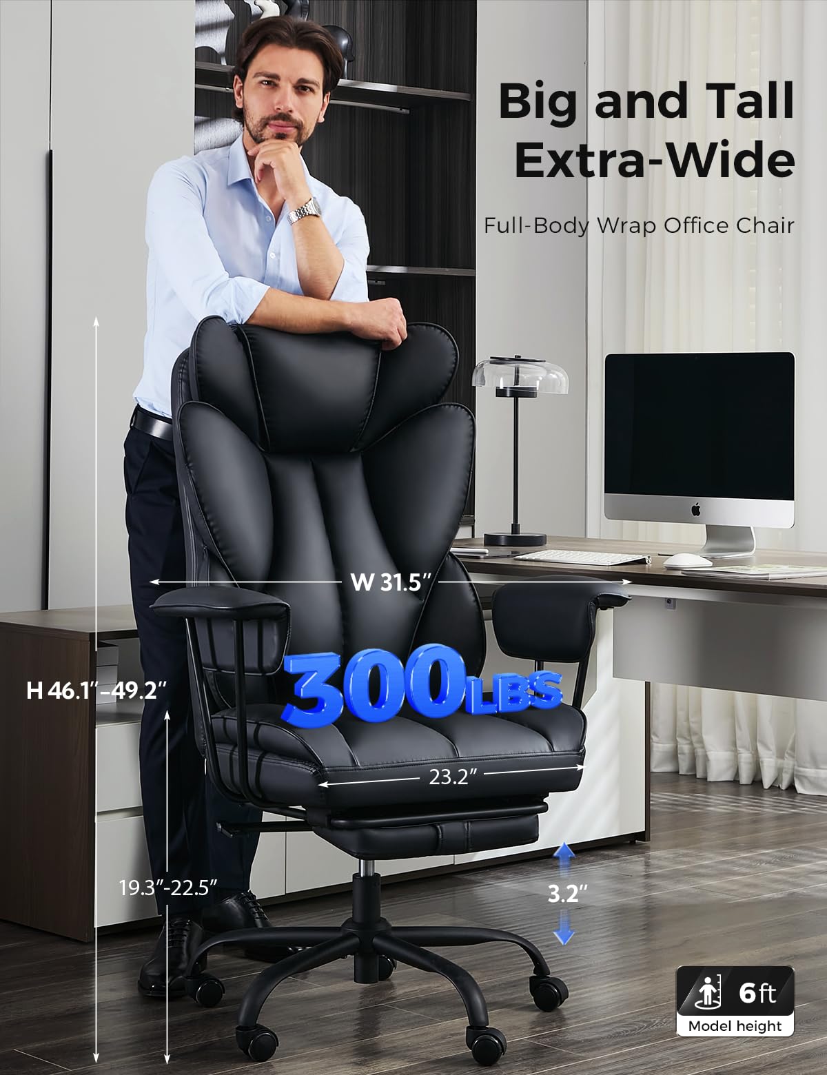Amseatec Big and Tall Office Desk Chair - 400lbs Wide Ergonomic Executive with Footrest, High Back Lumbar Support Reclining Gaming Computer