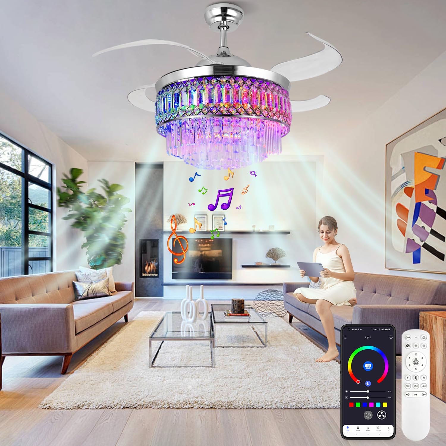 Retractable Crystal Ceiling Fan with Lights, Bluetooth Ceiling Fan with Speaker, 6-Speed Reversible Blades, RGB-LED Light, Remote & APP Control Crystal Chandelier for Bedroom Living Room 42"