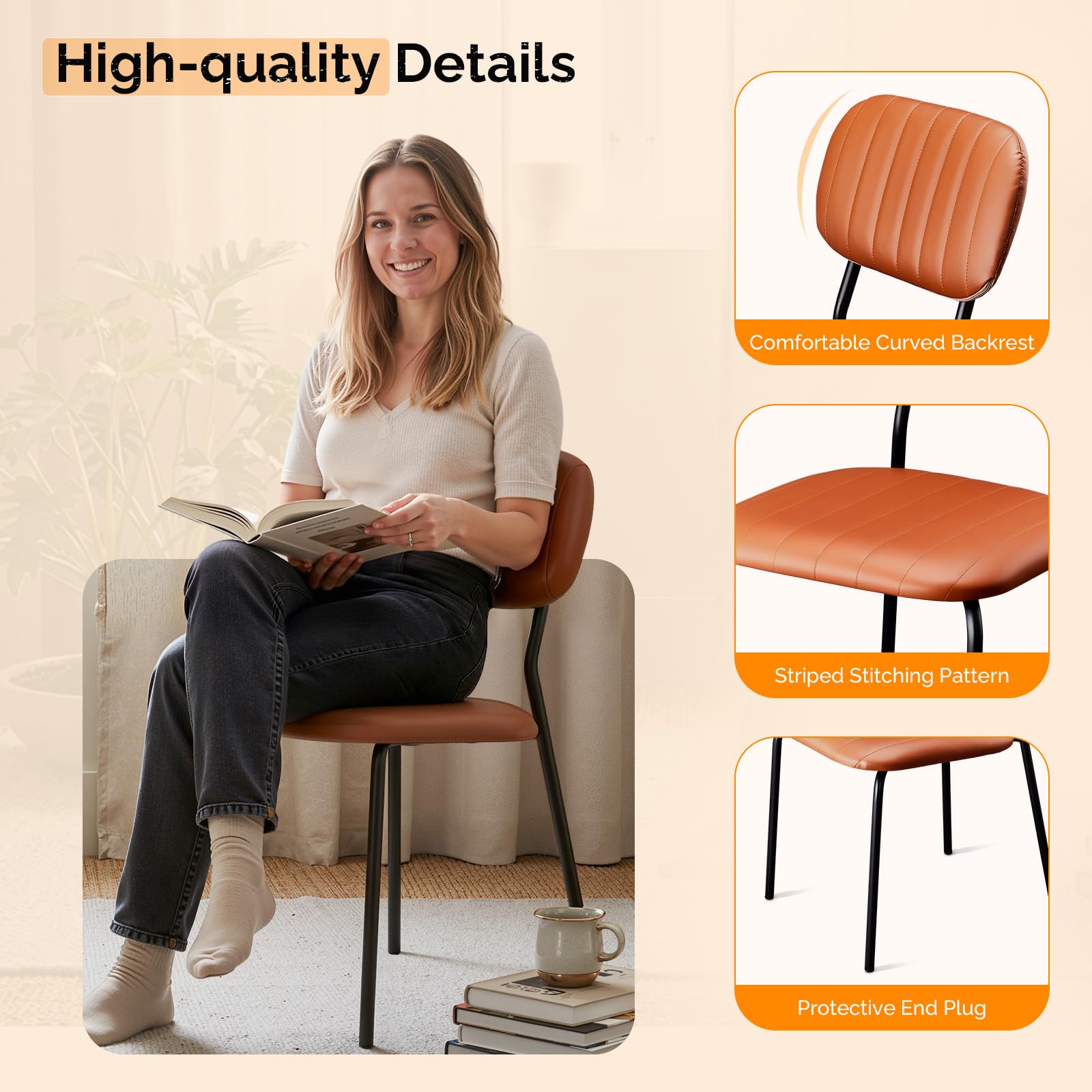 Vingli Modern Pu Padded Stacking Dining Chair Set of 2 for Home, Brown, 2 Pack, Brown Pu