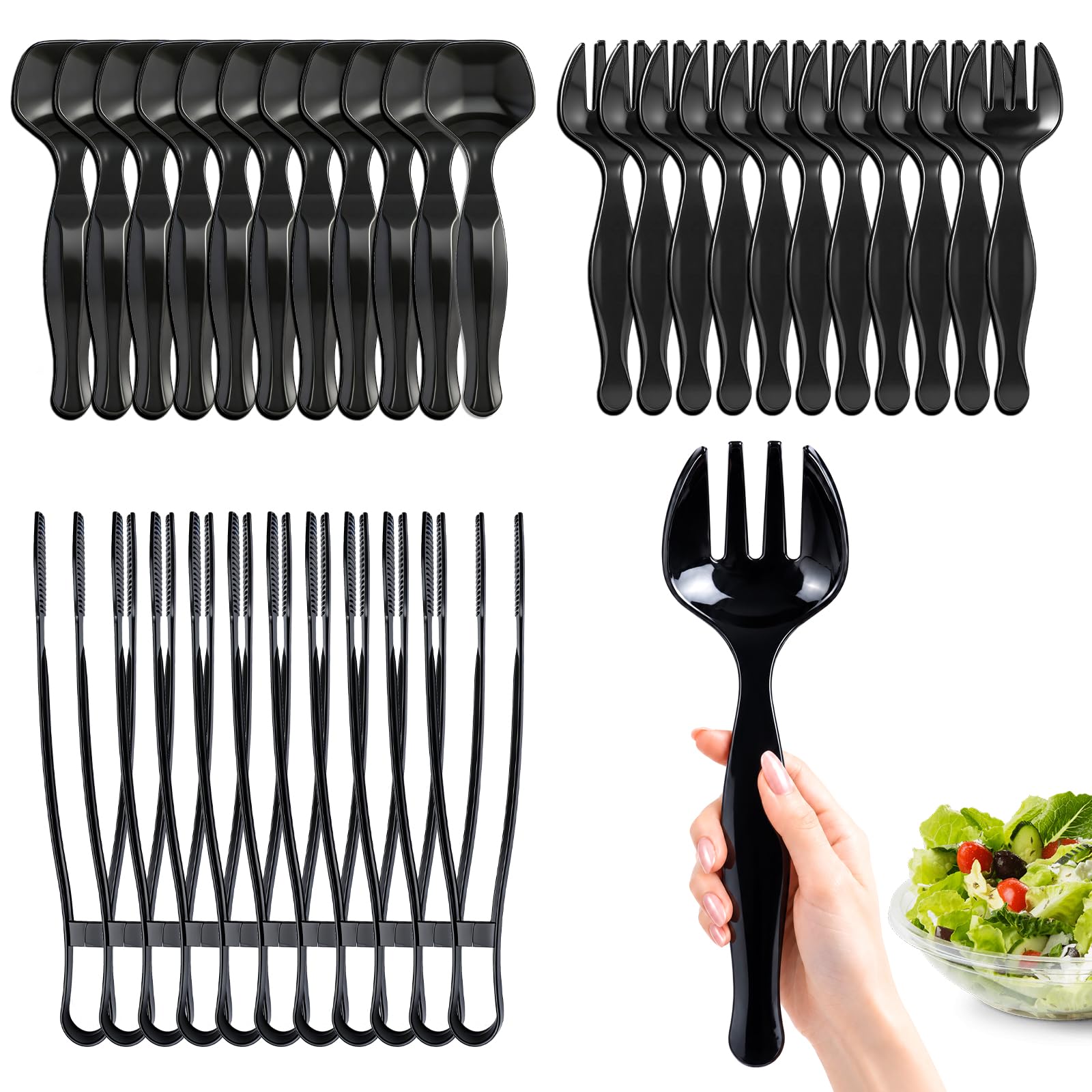 36 Pcs Plastic Serving Utensils Set, 9 Inch Heavy Duty Disposable Tableware, 12 Black Spoons + 12 Forks + 12 Tongs, Large Party Supplies for Buffet, Catering, Salad, Pasta and Soup