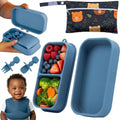 Baby Travel Essentials 6 Pc Silicone Feeding Set - Portable Toddler Plates with Suction, Baby Spoons & Foldable Bib in Carrying Case - BPA-Free Infant & Toddler Utensils for Airplanes & Eating Out