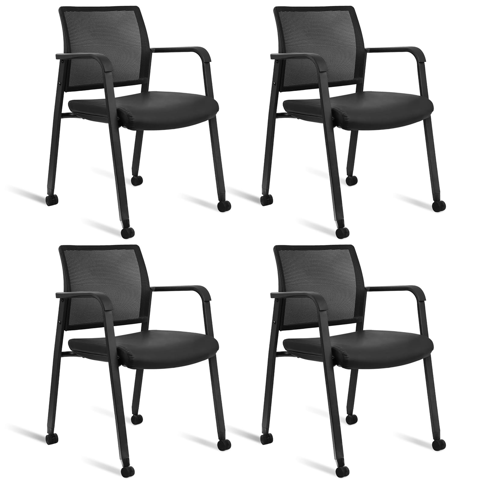 Clatina Mesh Back Guest Reception Stacking Chair with Wheels, Waiting Room Stackable Chairs with Upholstered Leather Seat & Ergonomic Lumbar