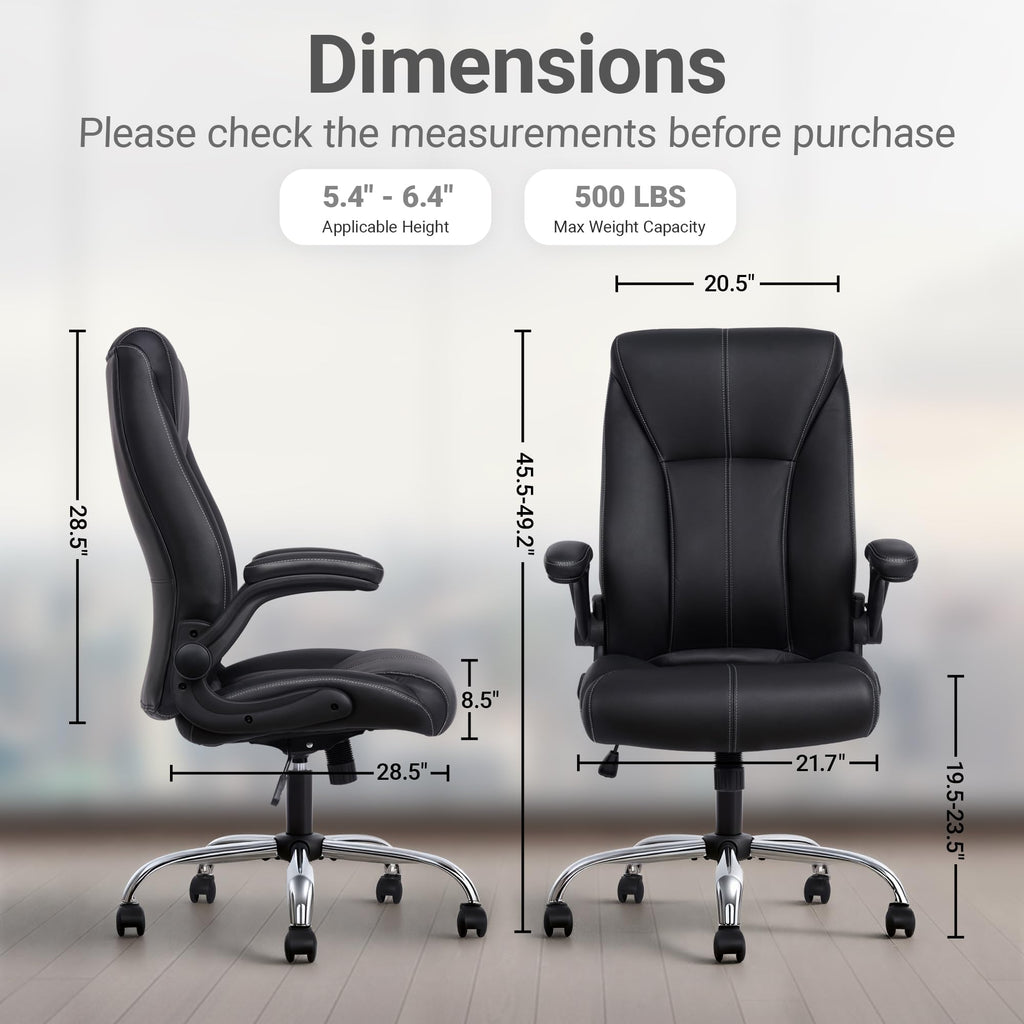 Big and Tall Office Chair for Heavy People 400lb, Executive Desk Computer Chair Adjustable Flip-up Armrests, Pu Leather Swivel Task Chair with