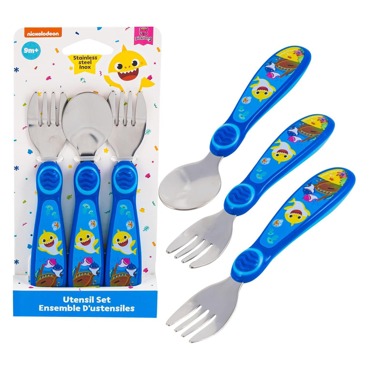 Pink Fong Baby Shark Toddler Forks and Spoon Set - 3 Pieces - Dishwasher Safe Utensils