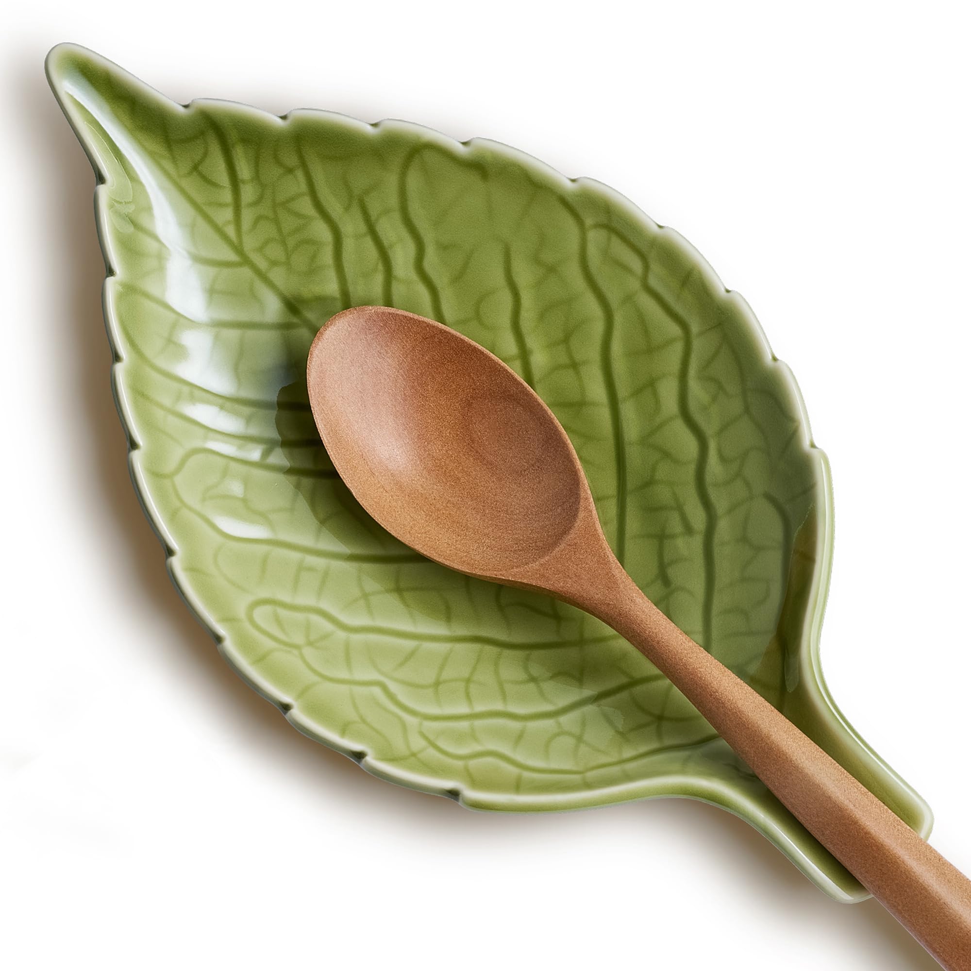 Ceramic Leaf Spoon Rest - Cute Green Cooking Spoon Holder for Stove Top & Kitchen Counter, Heat Resistant Spatula & Utensil Rest, Unique Kitchen Decor Gift, 1 Pack