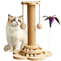 Cat Scratching Post for Kittens, 4 in 1 Wooden Cat Scratcher Toy, 17.7" Tall Scratch Post with 2 Level Cat Track Balls, Interactive Feather Toy and 2 Sisal Hanging Balls for Indoor Kittens