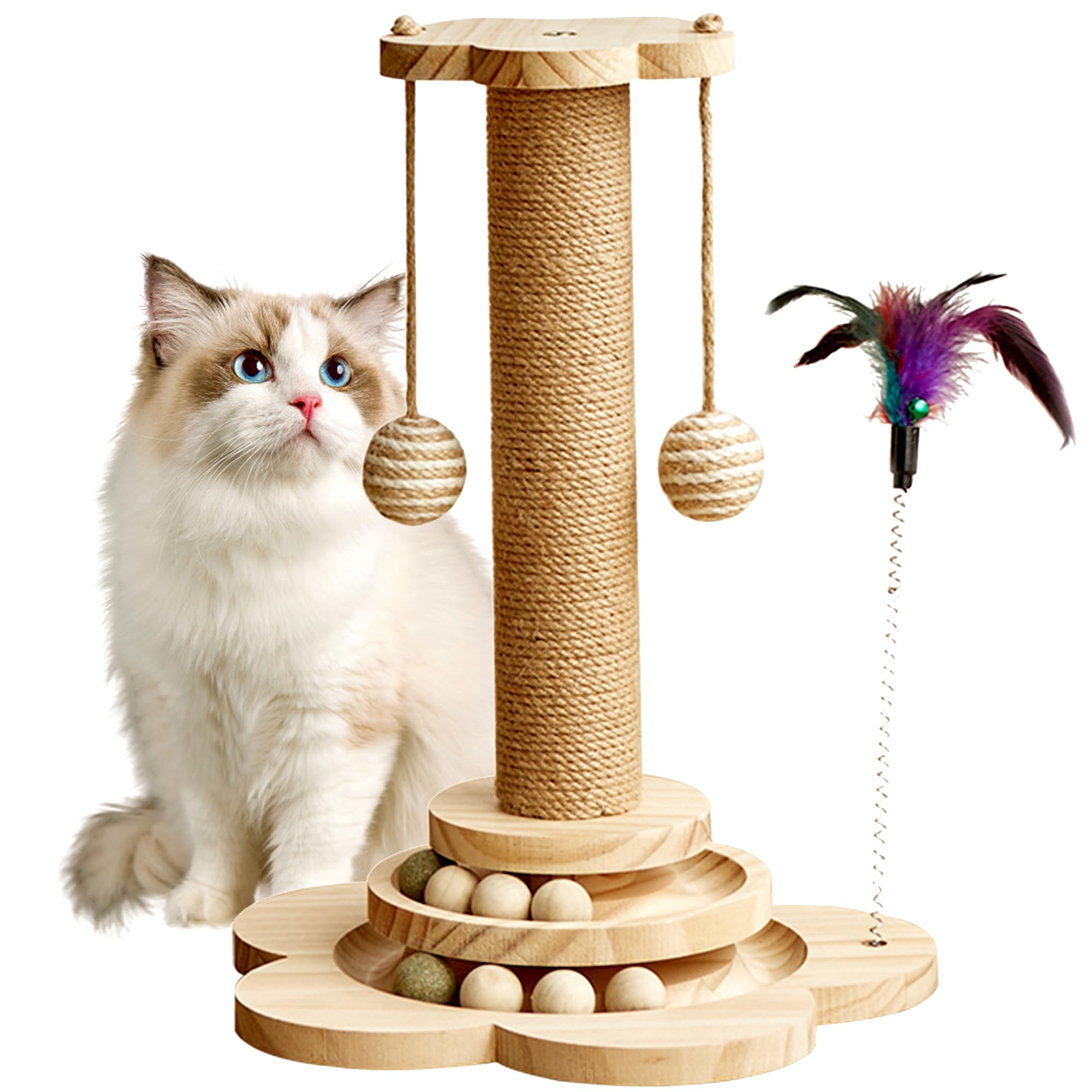 Cat Scratching Post for Kittens, 4 in 1 Wooden Cat Scratcher Toy, 17.7" Tall Scratch Post with 2 Level Cat Track Balls, Interactive Feather Toy and 2 Sisal Hanging Balls for Indoor Kittens
