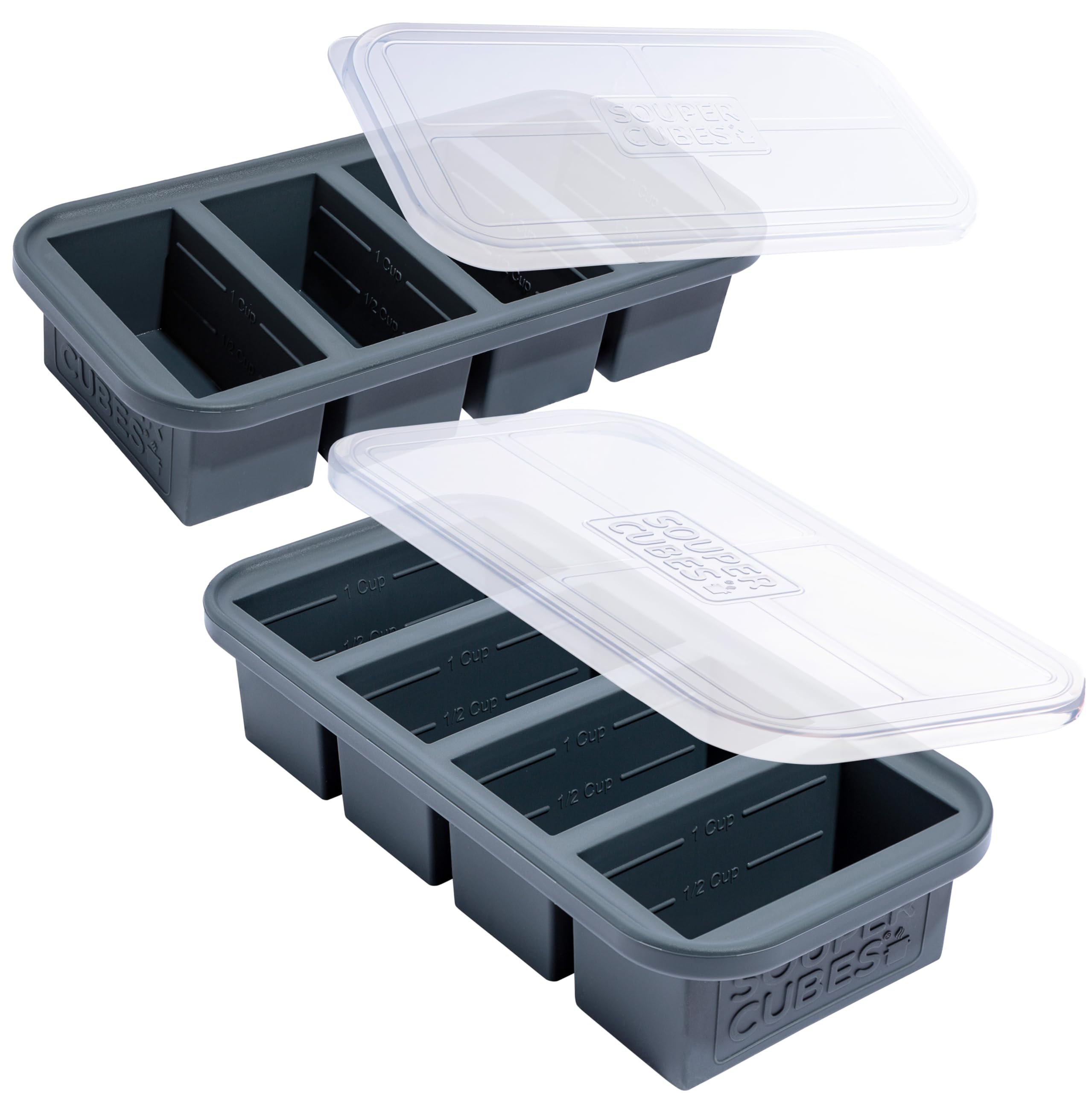 Souper Cubes 1 Cup Silicone Freezer Trays with Lids, 100% Platinum-Cured Silicone Freezer Molds, Oven and Microwave Safe, Perfect for Freezing Soup, Protein, Grains and More - Charcoal, 2-Pack