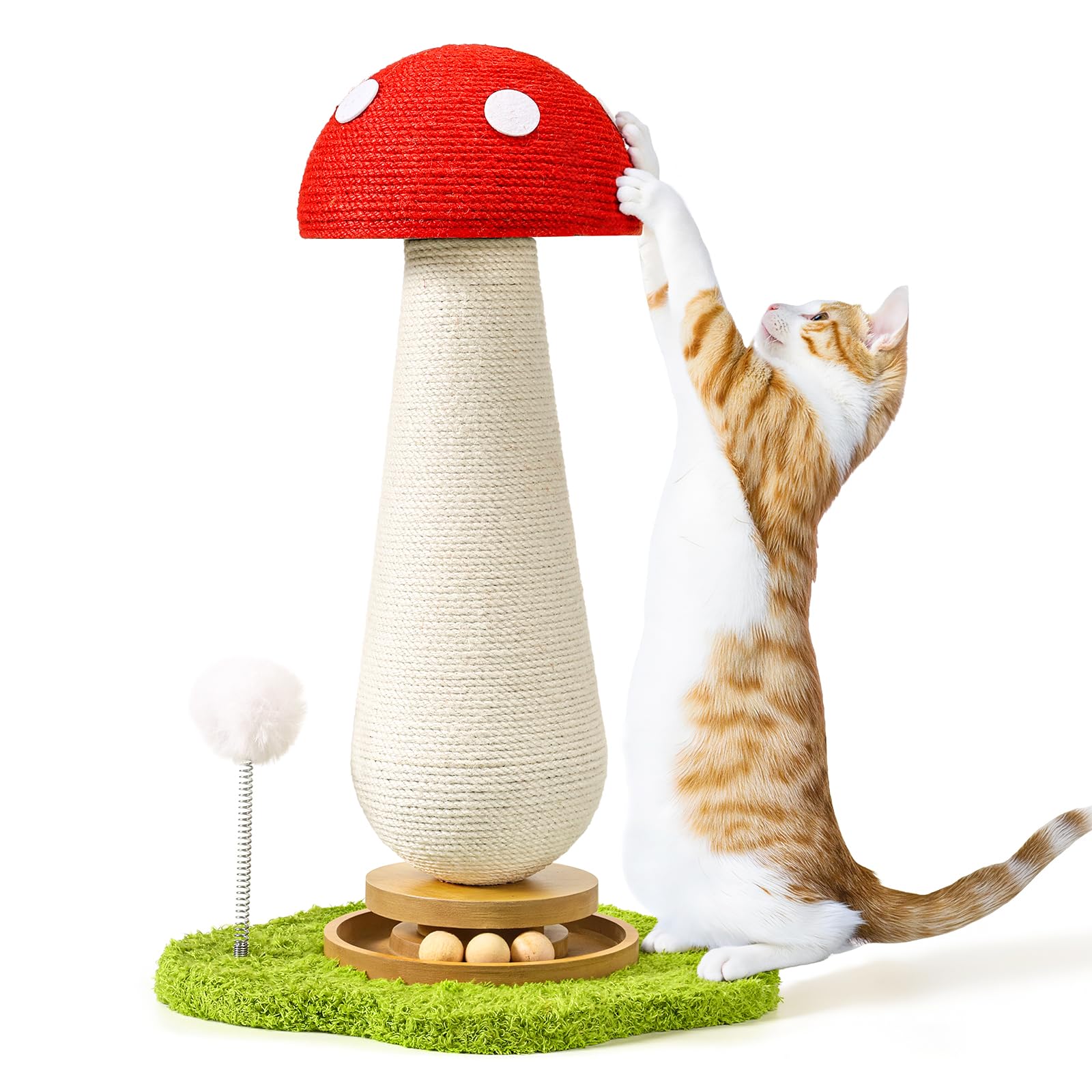 Cat Scratching Post, Mushroom Cat Scratcher with Interactive Ball Track Spring Ball Toys Cute Sisal Scratchers Post for Indoor Adults Kitten with Stable Base
