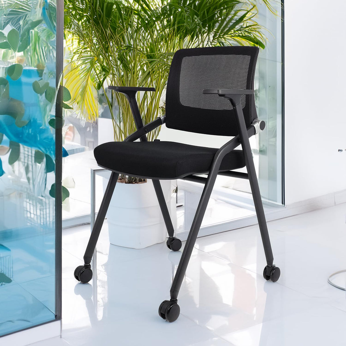 Slkjchr 2 Pack Foldable Office Chairs with Wheels, Mesh Back, Arms and Portable - Folding Office Chairs for Conference Room Chair, Office Guest