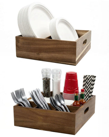 Acacia Wood Utensil Holder for Party -Nested Set of 2(Large 11" x 9.5" Plate Holder & Small 10" x 9" Utensil Caddy) Silverware Caddy for Countertop - Holds Plates, Napkins, Cups, Spoons, Forks