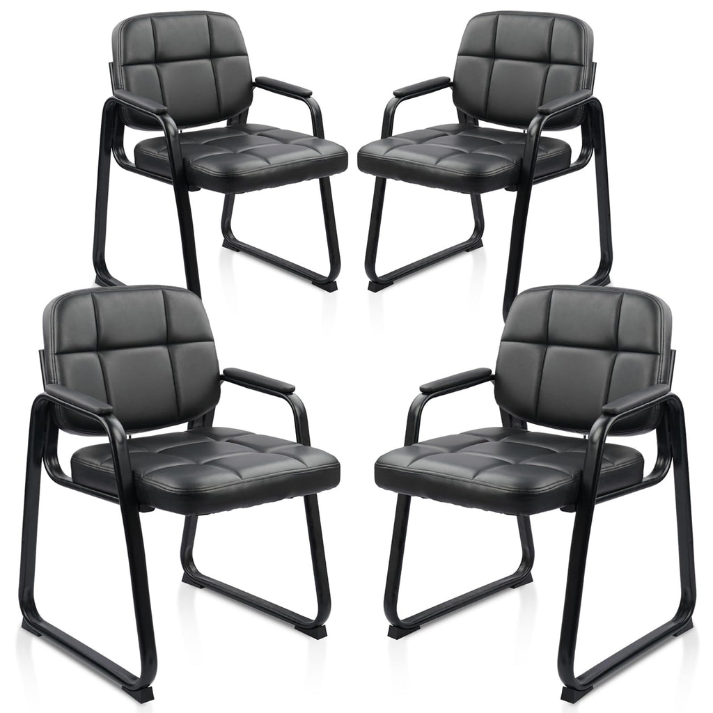 Clatina Leather Guest Chairs Set of 4, Office Reception with Padded Arms, Desk Chair with Sled Base for Office Conference Waiting Room, Black