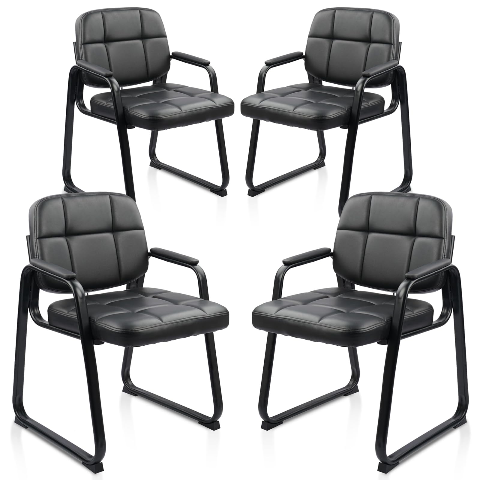 Clatina Leather Guest Chairs Set of 4, Office Reception with Padded Arms, Desk Chair with Sled Base for Office Conference Waiting Room, Black