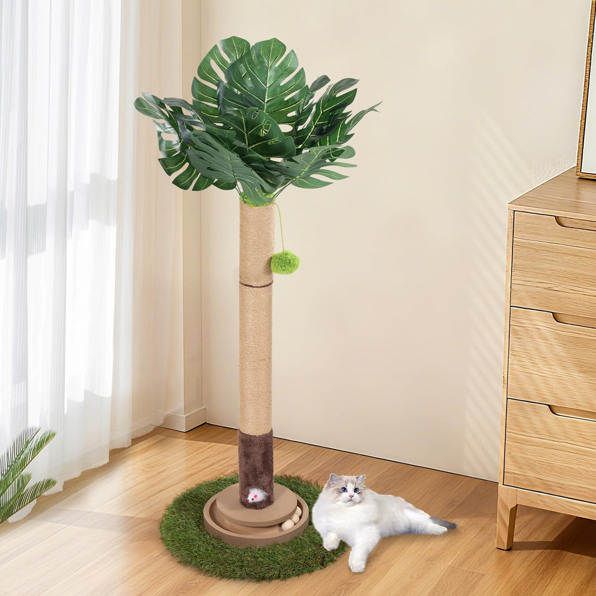 Cat Scratching Post, 35 Inch Tall Cat Scratcher Cat Tree Tower with Hanging Ball for Indoor Cats Adults,Sisal Rope Kitten Scratch with Interactive Mouse Cat Toy (41in, Monstera)