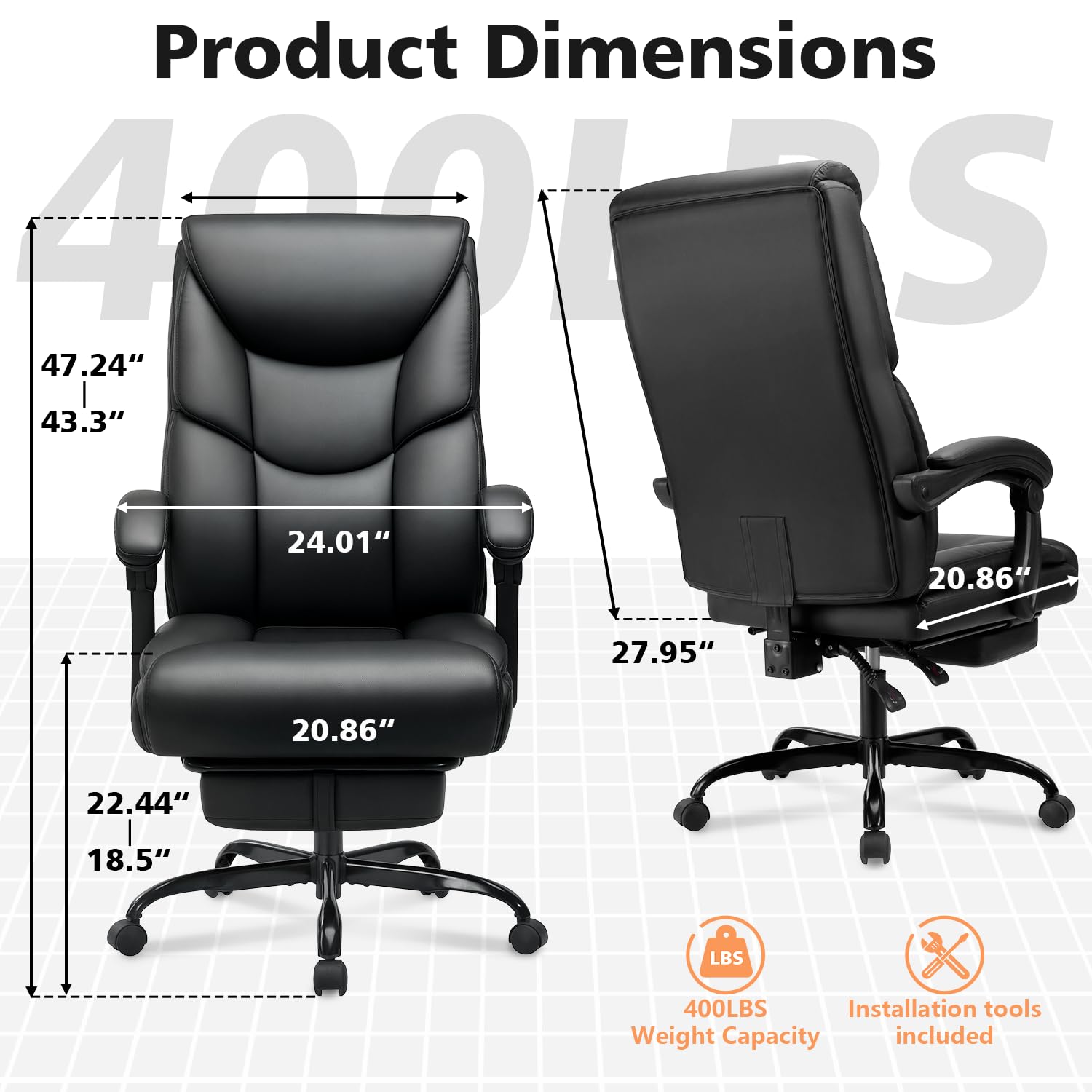 Wailor 400lbs Office Chair with Foot Rest, Reclining Big and Tall Office Chair with Lumbar Support Spring Cushion, High Back Pu Leather