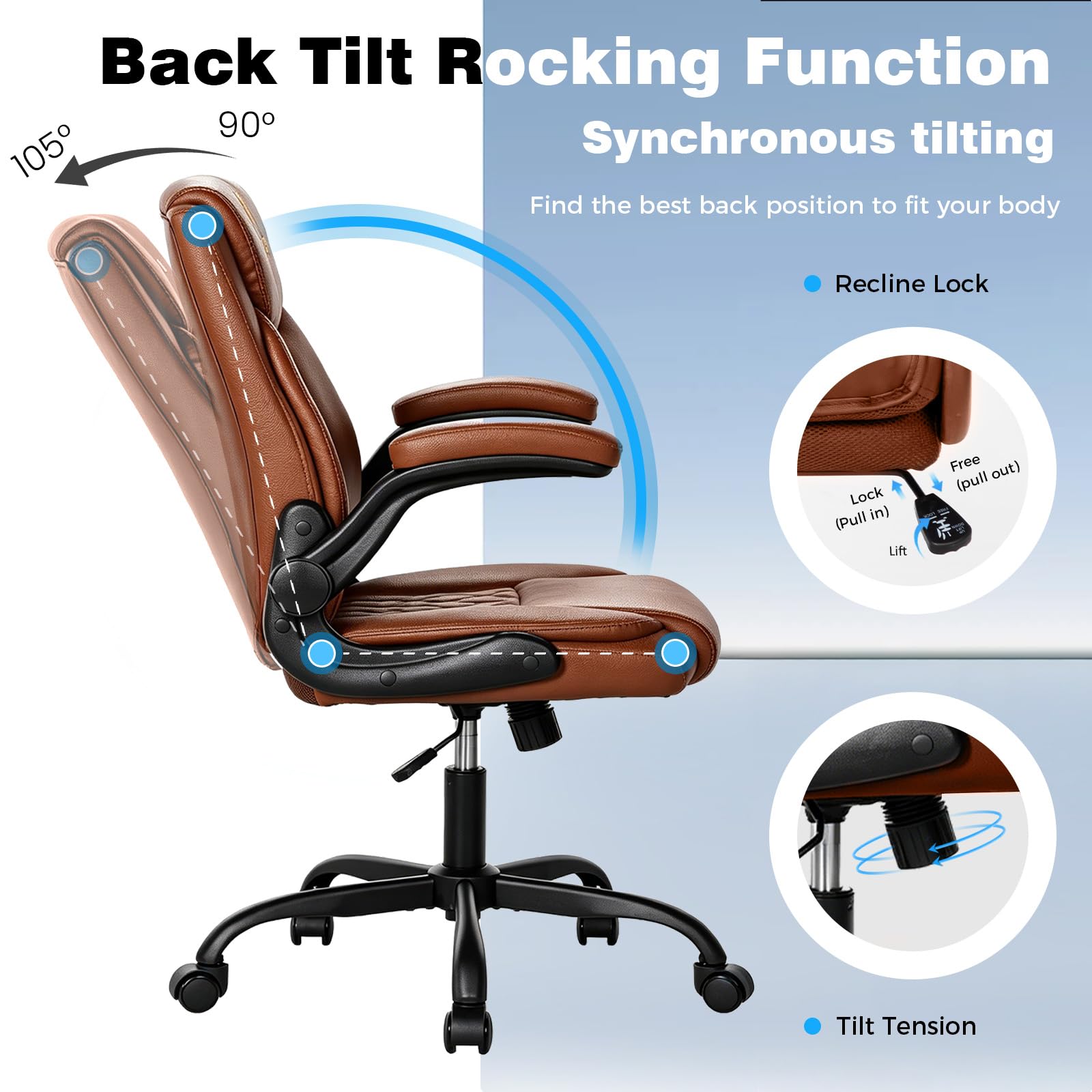 Home Office Desk Chair, Adjustable Height Leather Office Chair, Brown, Mid-back
