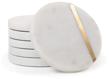 Cork & Mill Marble Coasters with Gold Brass Inlay, White, Set of 6
