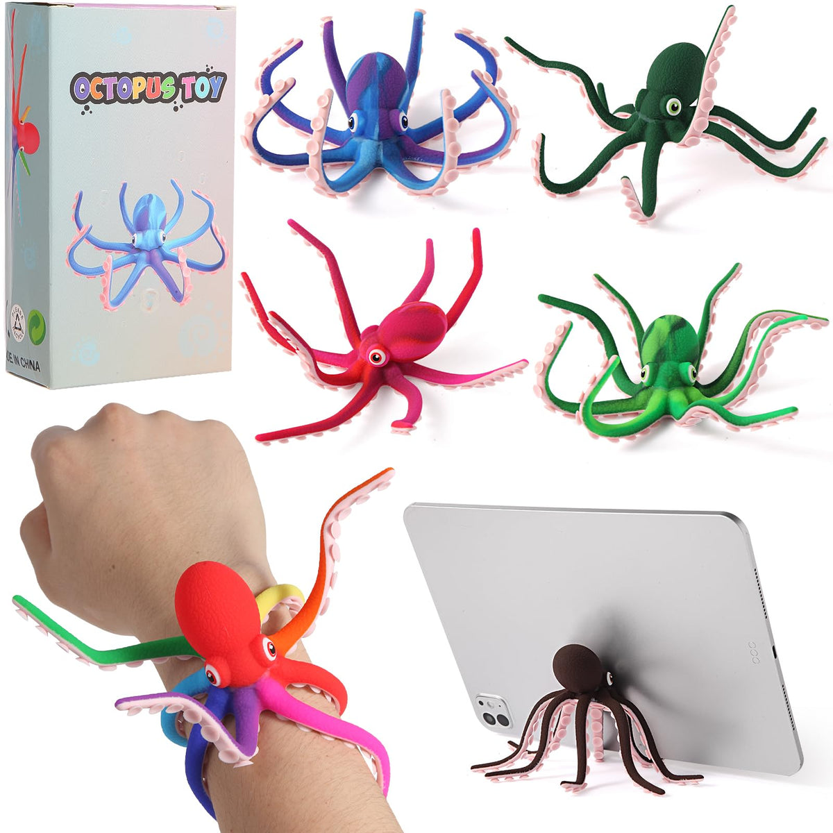 Octopus Fidget Toy with Suction Cups – Silicone Stress Relief and Sensory Play Desk Toy, Bendable Tentacles for Creative Poses, Portable Gift for Kids, Teens and Adults (1 Pc-Rainbow)