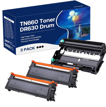 TN660 Toner Cartridge and DR630 Drum Unit Replacement for Brother DR630 DR-630 TN660 Work with MFC-L2700DW HL-L2360DW HL-L2300D DCP-L2540DW Printer (2 Toners, 1 Drum Unit, 3Pack)