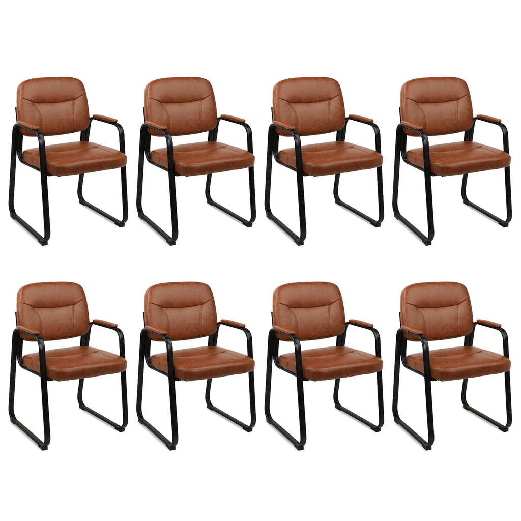 Clatina Waiting Reception Chairs No Wheel, Leather Guest Chair with Padded Arms, Modern Brown Office Desk Chairs with Sled Base for Office