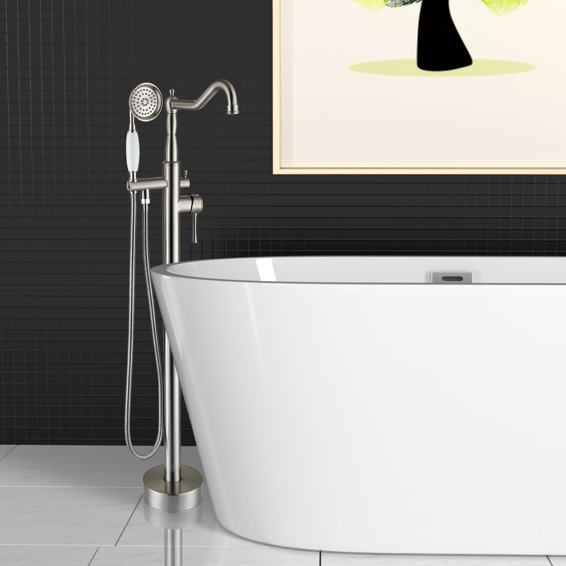 Brushed Nickel Tub Filler Faucet with Hand Shower | Modern Bathroom Fixture for Freestanding Tubs