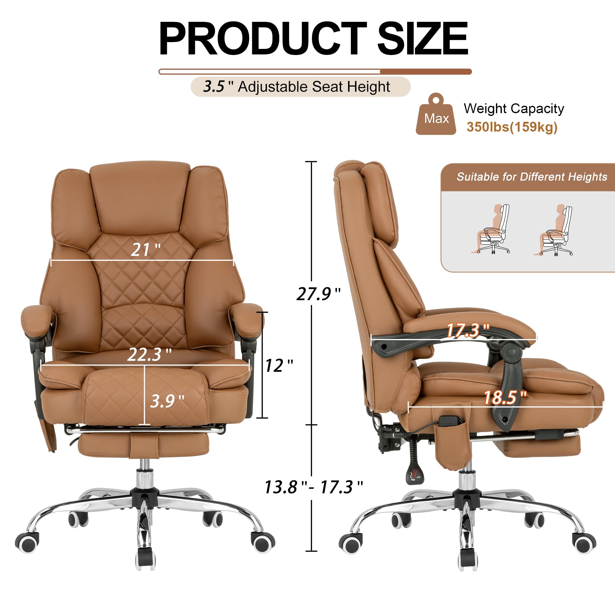 Bowthy Kneading Massage Executive Office Chair with Heated,90-135° Reclining Office Chair with Footrest,computer Desk Chair with