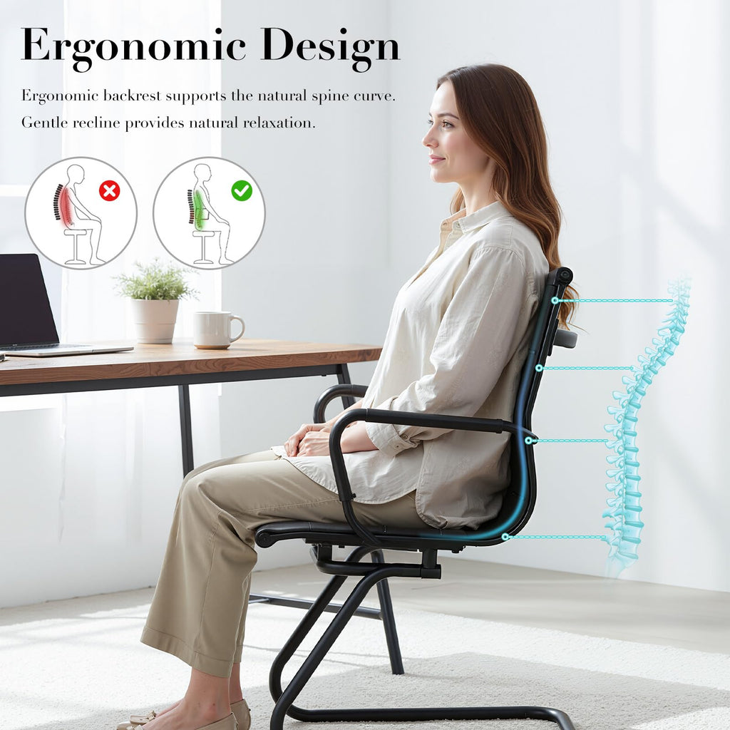 Cimota Waiting Room Chairs Leather Office Guest Chair Mid Back Reception Chairs with Sled Base for Meeting/patient/conference Room, Retro Black