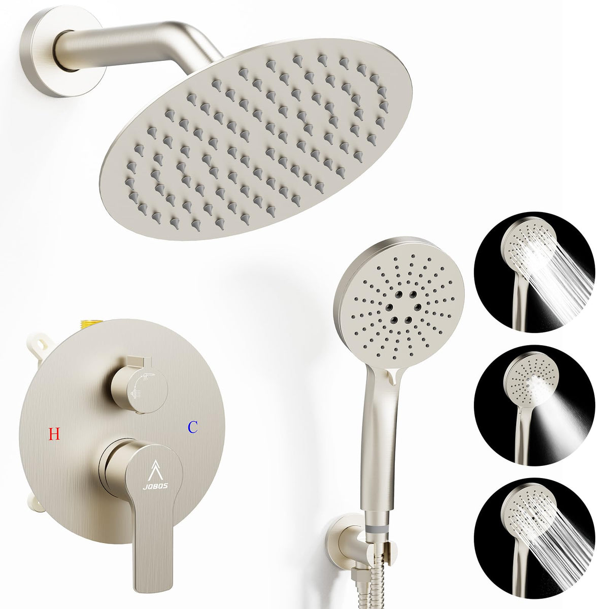 Shower Faucet Set 8IN Brass Rough-In Valve Body Trim Kit Rainfall Included Handle Accessories Complete 2 Functions with Rain Head and Handheld Bathroom Systems (8'', Brushed Nickel)