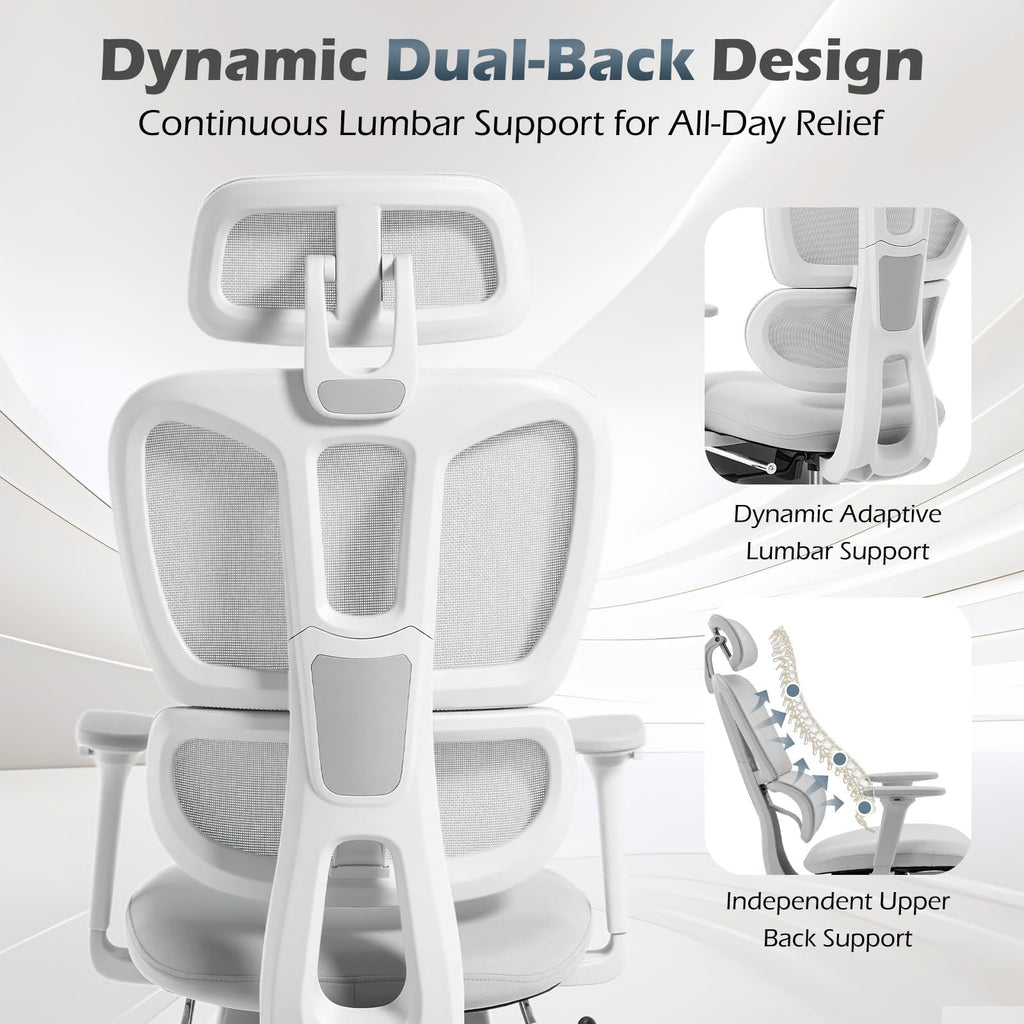 Ergonomic Office Chair with Footrest and Dynamic Lumbar Support, Grey, High Back, Light Grey