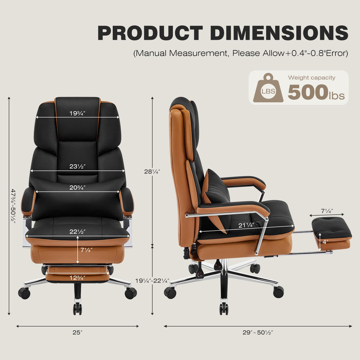 Furniliving Big and Tall Office Chair 500lbs,high Back Executive Leather Office Chair with Footrest,wide Seat Reclining Desk Chair with Lumbar
