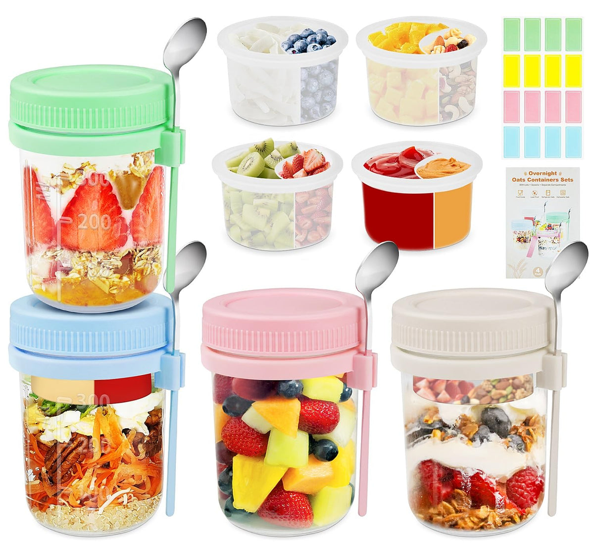 Overnight Oats Containers with Lids and Spoons - 4 Pack 16 oz Glass Mason Jars with Separate Compartments Airtight Overnight Oat Jars Leakproof Yogurt Parfait Cup for Oatmeal Chia Pudding Cereal Salad