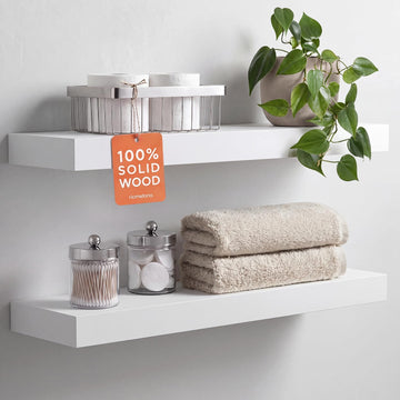 Homeforia White Floating Shelves 24 inch, High End Solid Real Wood 24inch Bathroom Floating Shelf for Wall Mounted, White Wooden 24in Floating Shelves, Heavy Duty Bracket, 24 X 6.5 X 1.75 in, Set of 4