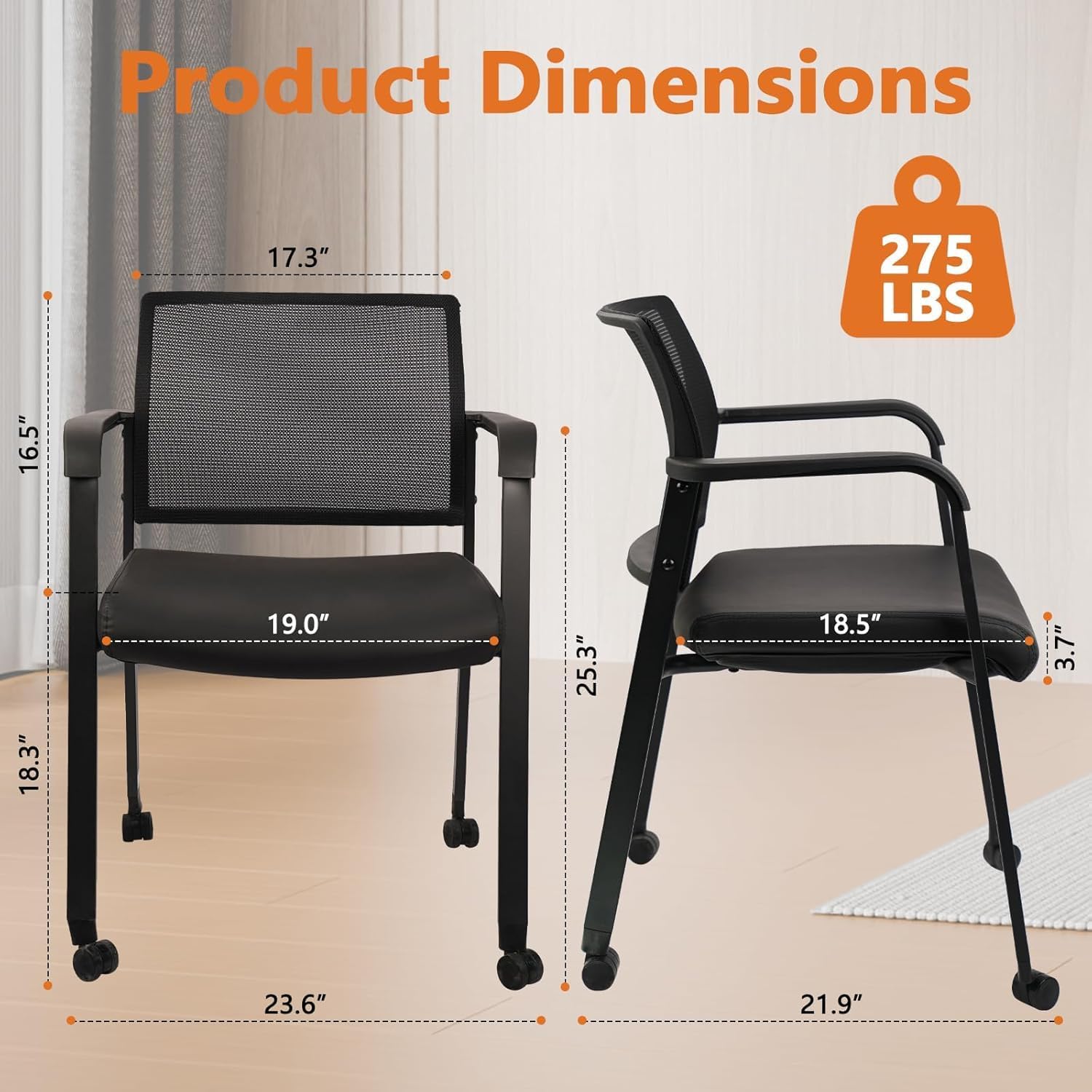 Clatina Stacking Office Chair with Wheels, Mesh Back Waiting Room Guest Chairs with Arms Comfortable Leather Cushion Stackable Desk Chair for