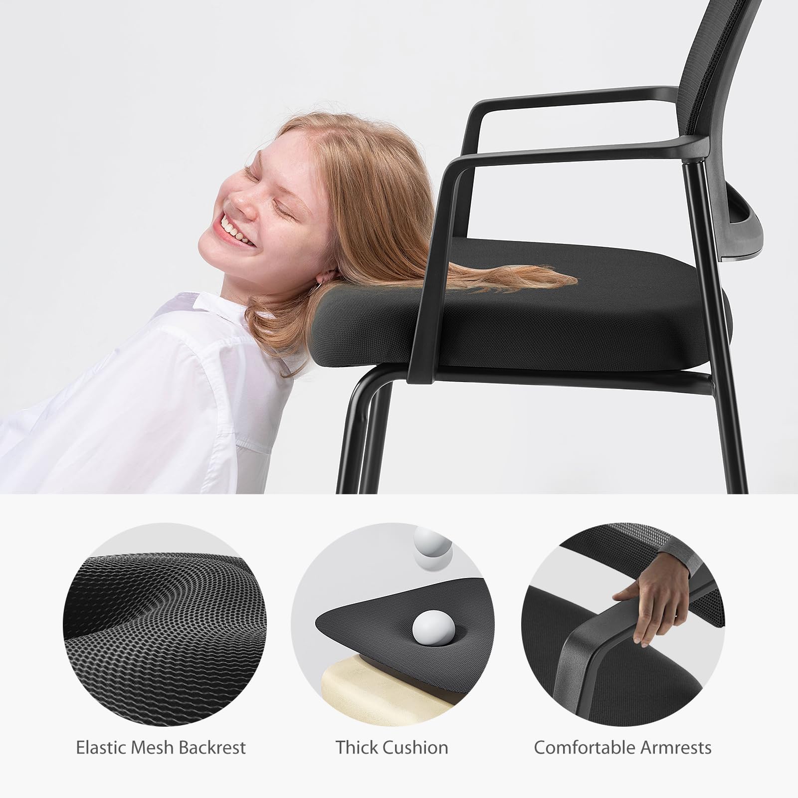 Dumos Black Stackable Arm Chairs with Mesh Back and Upholstered Fabric, Sturdy Metal Frame, Easy to Store and Use, Perfect for Indoor and