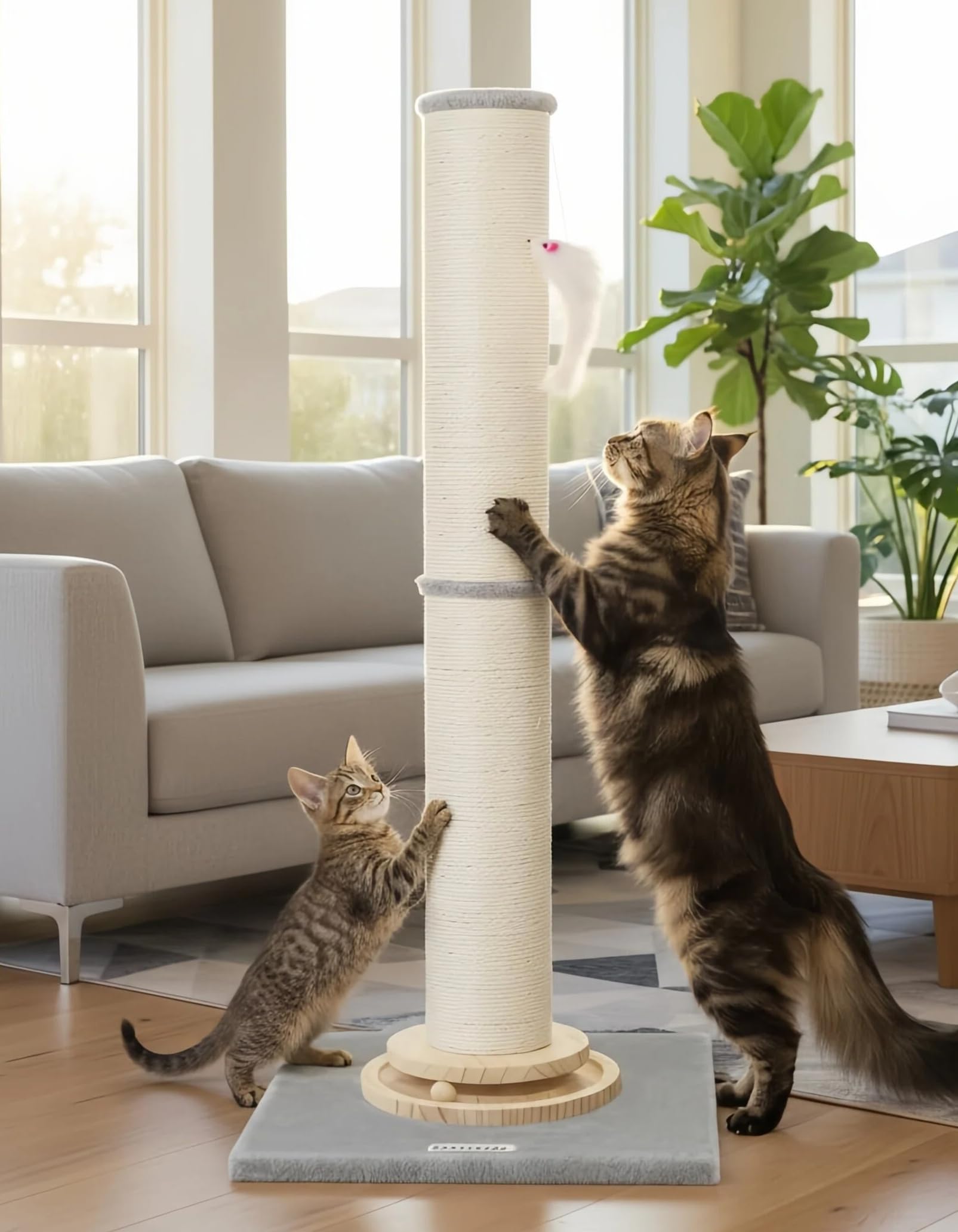 Globlazer Extra Thick Large Scratching Post for Indoor Cats Adults and Kittens, 35in Tall Natural Sisal Rope Scratcher Post, Large Cat Scratcher with Ball Interactive Toy, SC35, Light Grey