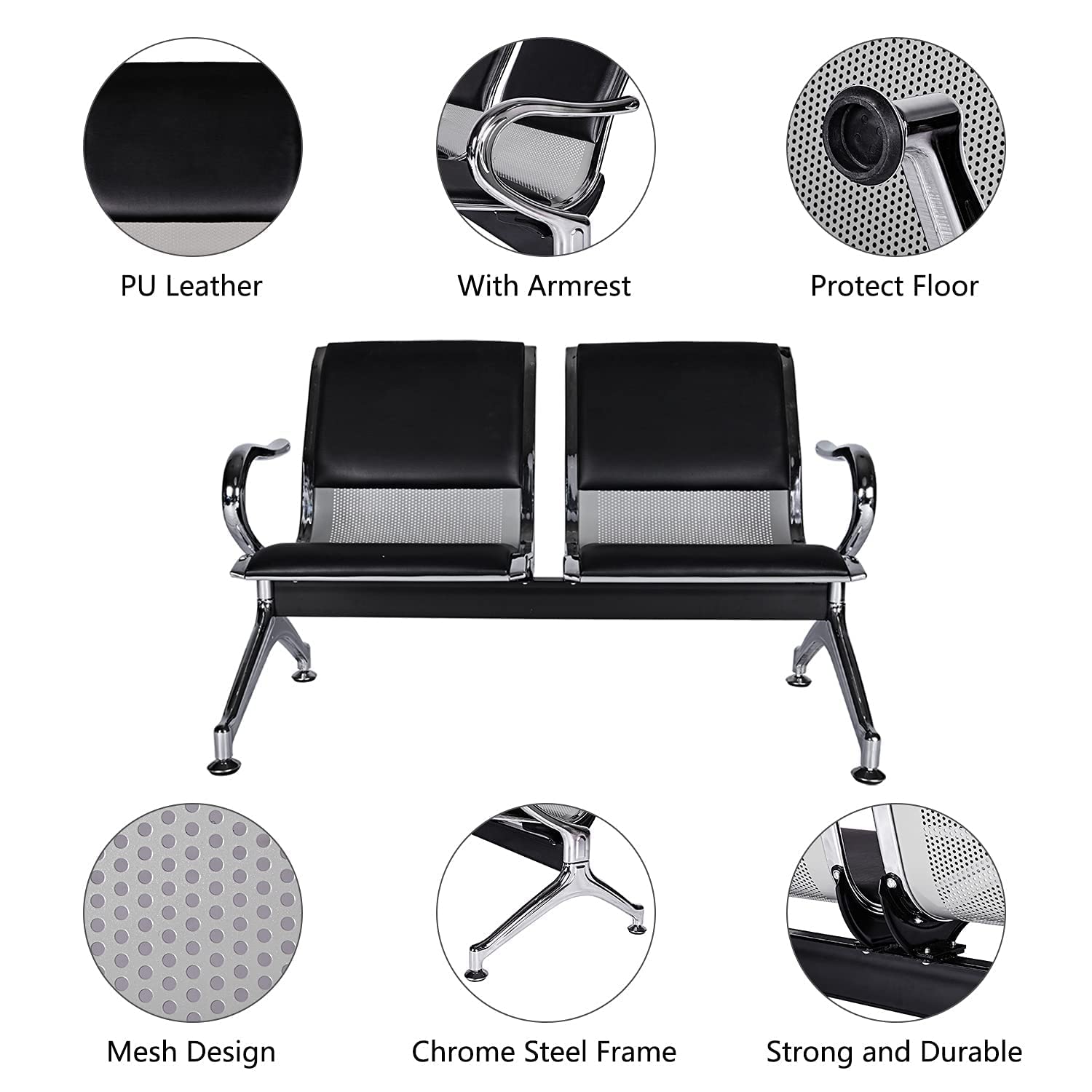 Buenotoys 2-seat Waiting Room Chairs - Waiting Room Bench with Arms Airport Reception Bench Guest Reception Pu Leather Lobby Bench Waiting Area