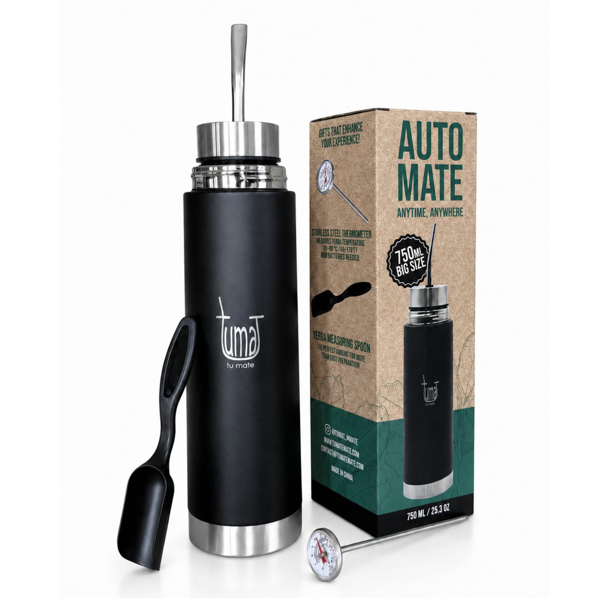 Tuma Tu Mate Automate - Self-Serving Yerba Mate Cup & Insulated Thermo Bottle with Spout, Mate Listo Fluvion Autocebante System, Stainless Steel Kit with Thermometer & Measuring Spoon, 750ml - 25.3oz