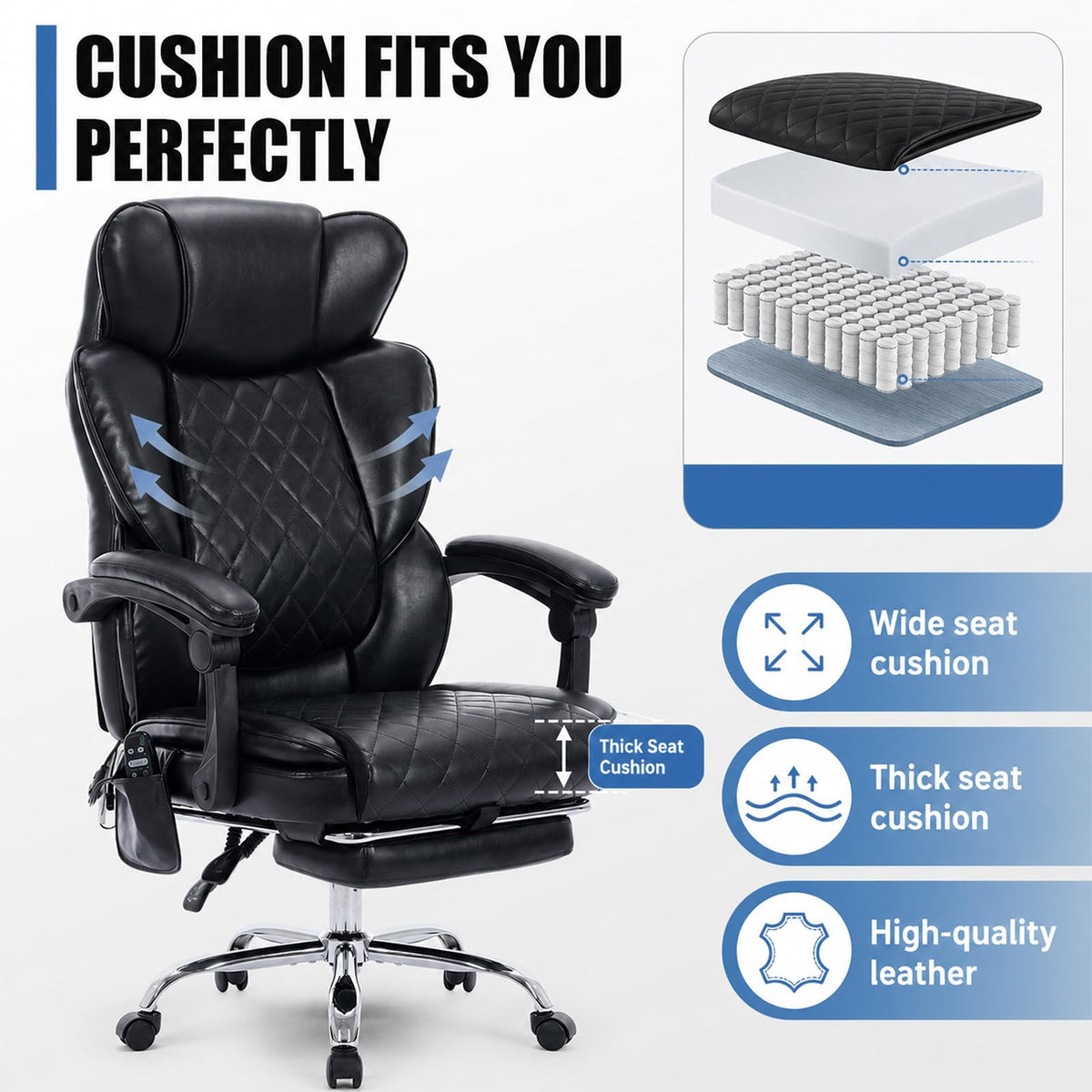 Smartue Executive Office Chair, 22.05" Wide Leather Ergonomic Office Chair with Lumbar Support, Footrest and 6-point Vibration Massage,