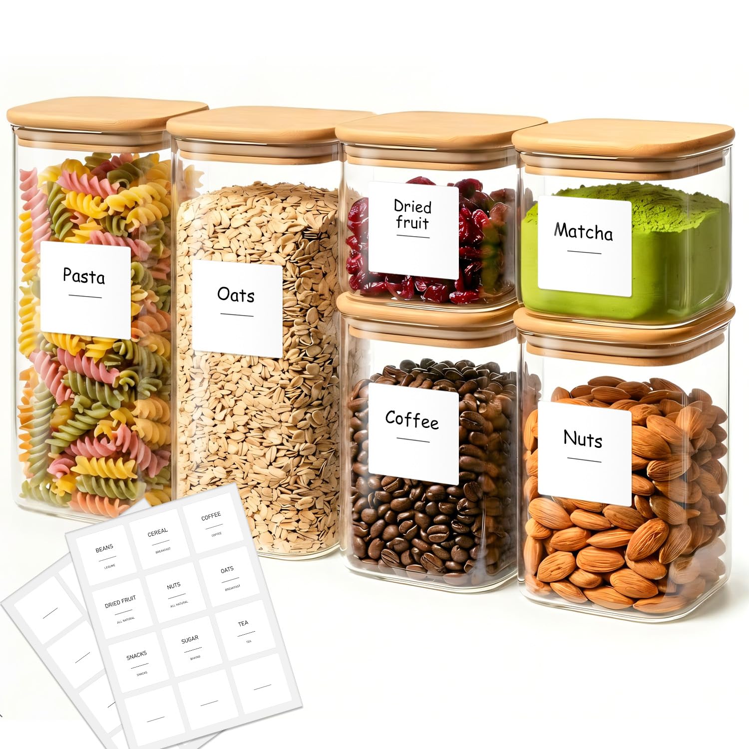 6-Pack Square Glass Pantry Storage Containers with Lids, Airtight Stackable Pantry Organization and Storage Set (1.9/1.2/0.6 Qt) for Snacks, Cereal & Coffee