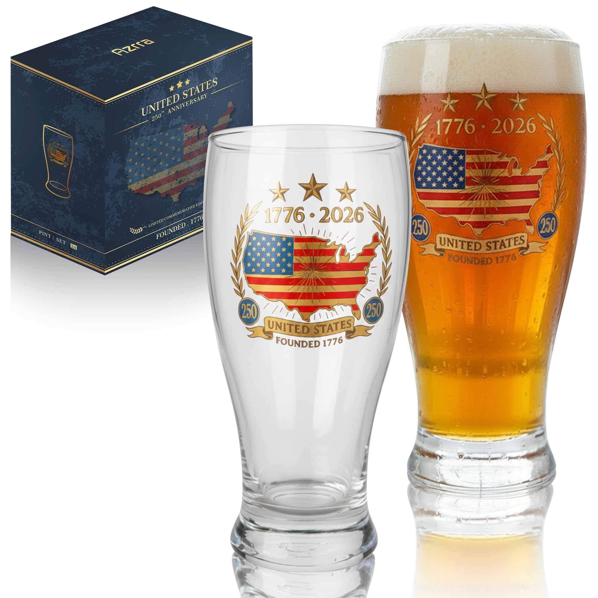 250th Anniversary Beer Glasses Set of 2, 24K Gold-tone Patterns, America 250 Merchandise Drinking Glasses, Patriotic Commemorative Gift for Beer Lovers, Women, Men & Collectors (12oz)
