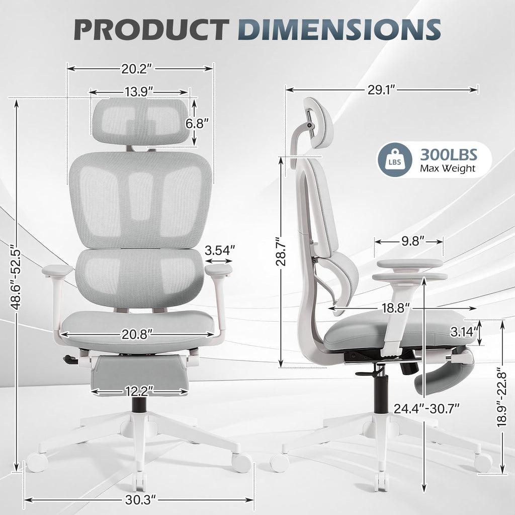Ergonomic Office Chair with Footrest and Dynamic Lumbar Support, Grey, High Back, Light Grey