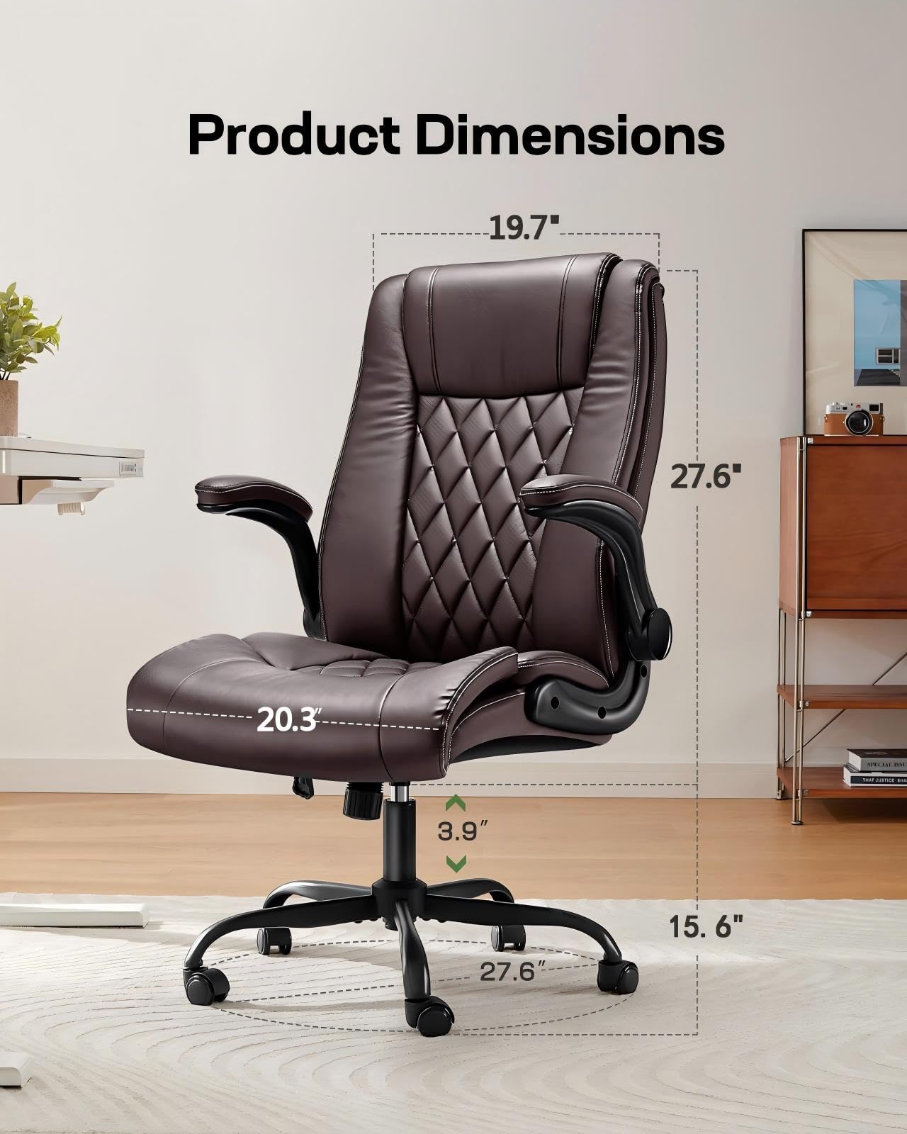 Marsail Executive Office Chair Ergonomic Desk Chair with Flip-up Armrests Pu Leather Height-adjustable Swivel Rolling Brown