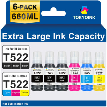TOKYOINK Replacement for Epson 522 High Capacity Ink Refill Bottles Work for EcoTank ET-2800 ET-2803 ET-2400 ET-4800 ET-2720 ET-2840 ET-3850 ET-2850 ET-2850 ET-4700 ET-4800 ET-15000 Printer 6 Packs
