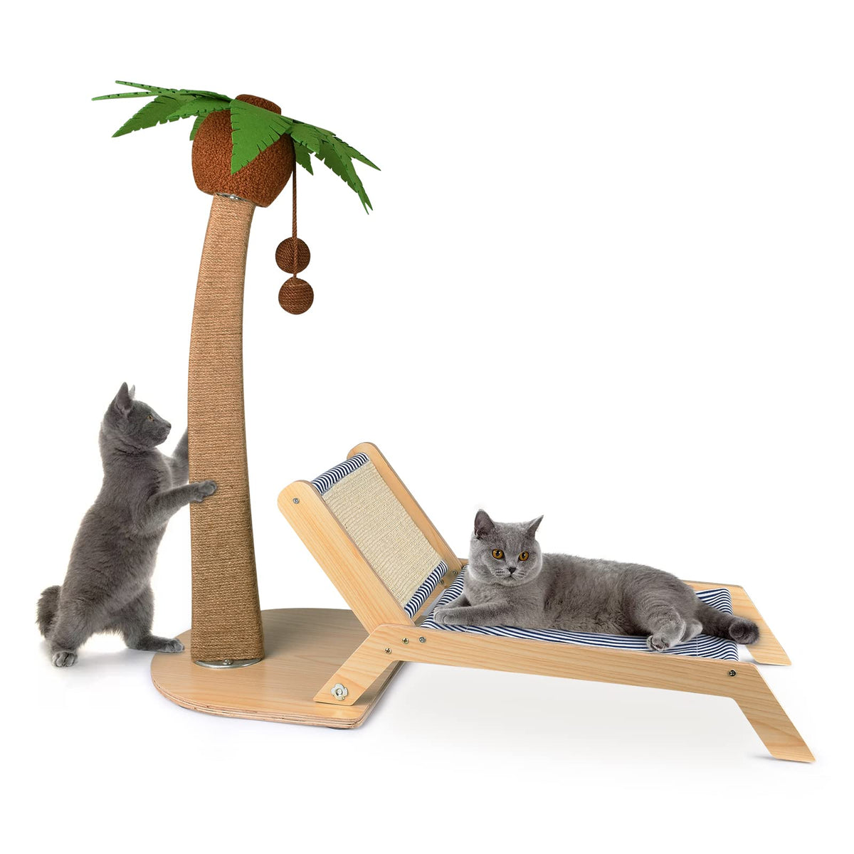 Cat Scratching Post with Beach Chair 2 in 1, 29.5" Tall Palm Tree Cat Scratching Post with Lounge and Interactive Hanging Ball, Outdoor Cat Furniture for Kitten Adults Cat Play and Rest