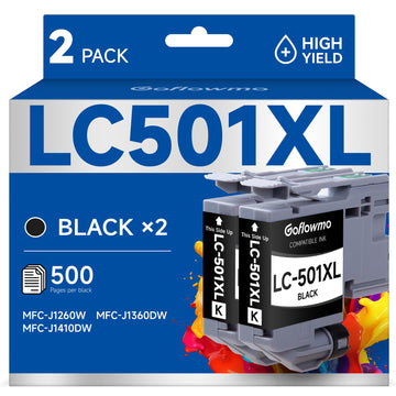 LC501XL Black Ink Cartridges for Brother Printer 501XL LC501 LC 501 Inks Cartridge Compatible for Brother MFC-J1360DW MFC-J1410DW MFC-J1260DW Series Printer (2-Pack High Yield, Black)