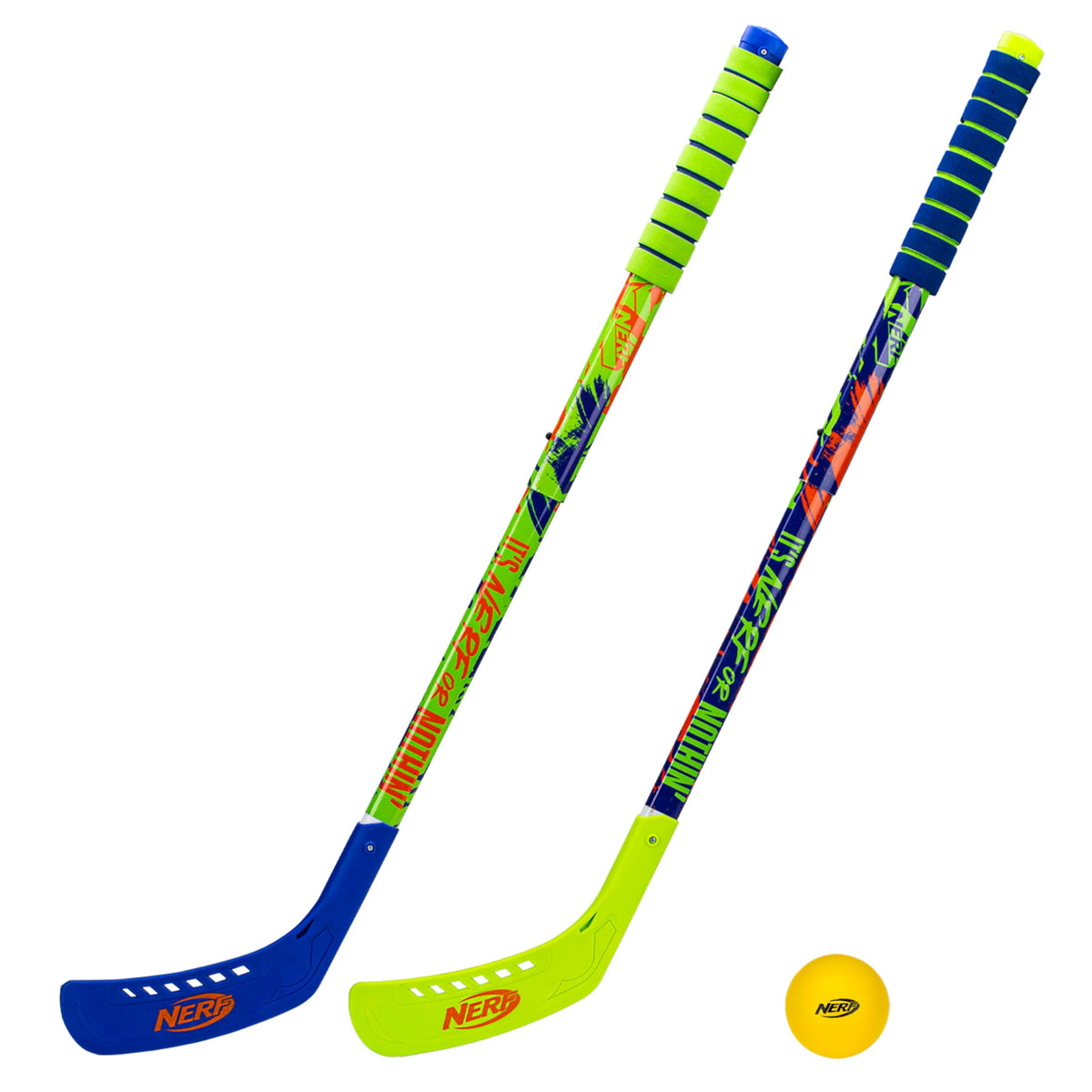 Franklin Sports NERF Proshot Kids Hockey Sticks + Ball Set - 2 Player Youth Indoor + Outdoor Set - 2 in 1 Knee + Floor Hockey - (2) NERF Proshot Youth Sticks + (1) Foam Ball Included