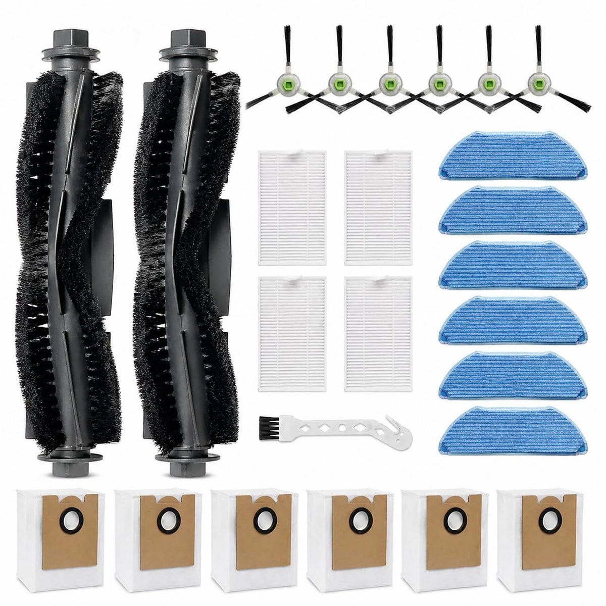 Replacement Accessories Kit for Lefant M2 Pro / M2S Pro Vacuum Cleaner, 2 Main Brushes, 4 HEPA Filters, 6 mop Pads, 6 dust Bags, 6 Side Brushes, 1 Plus Cleaning Tool